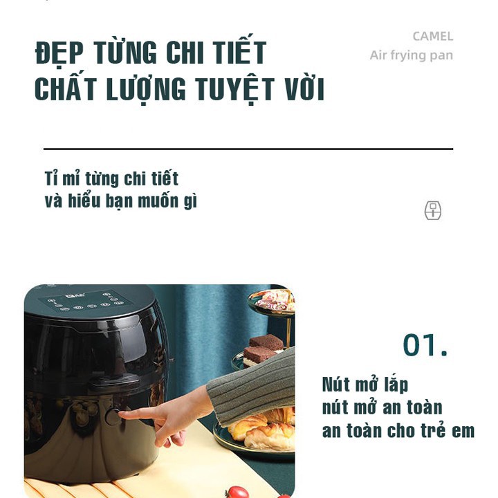 Nồi chiên không dầu 8L cảm ứng - nút cơ - TỰ ĐỘNG LẬT ĐẢO tích hợp 6 chế độ nướng, chiên, sấy, giã đông,...BẢO HÀNH 12T