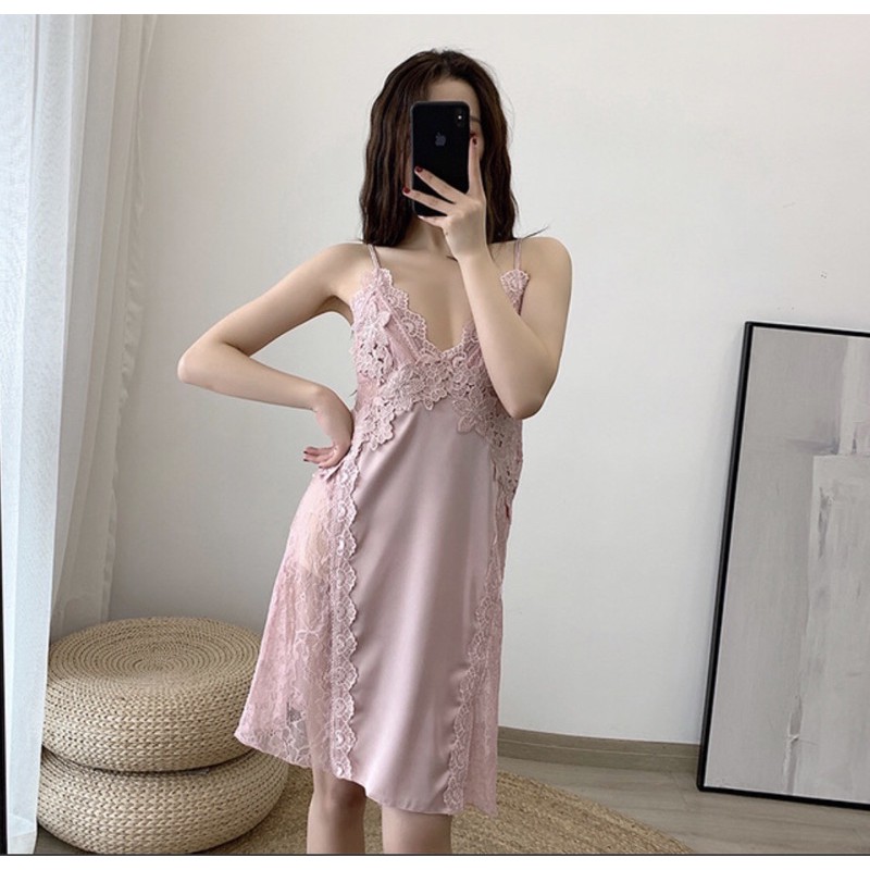 Váy ngủ lụa sexy hai dây phối ren hông gợi cảm Màu Trắng và hồng  kèm hình thật khách mặc (sẵn )