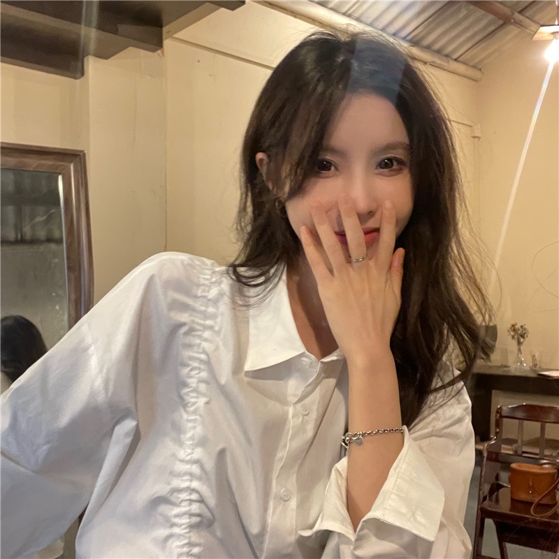 Áo Sơ Mi Trắng Tay Dài Dáng Rộng Cổ Polo Phối Dây Rút Phong Cách Hàn Quốc Thời Trang Cho Nữ