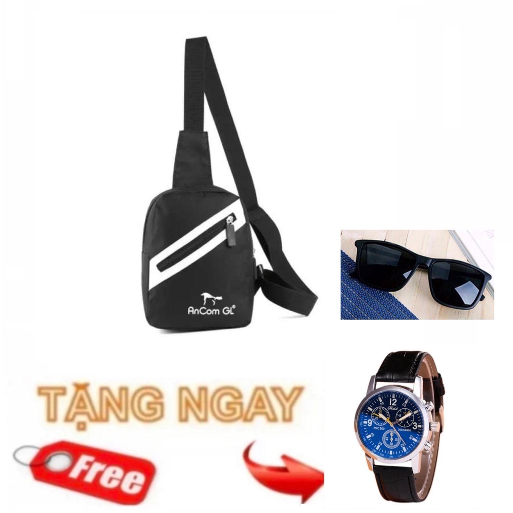 Túi Đeo Chéo Thời Trang AnCom GL 2018 (Đen) + đồng hồ JYQ9691 dây thép không gỉ gold vàng +Tặng kính đi đường K24