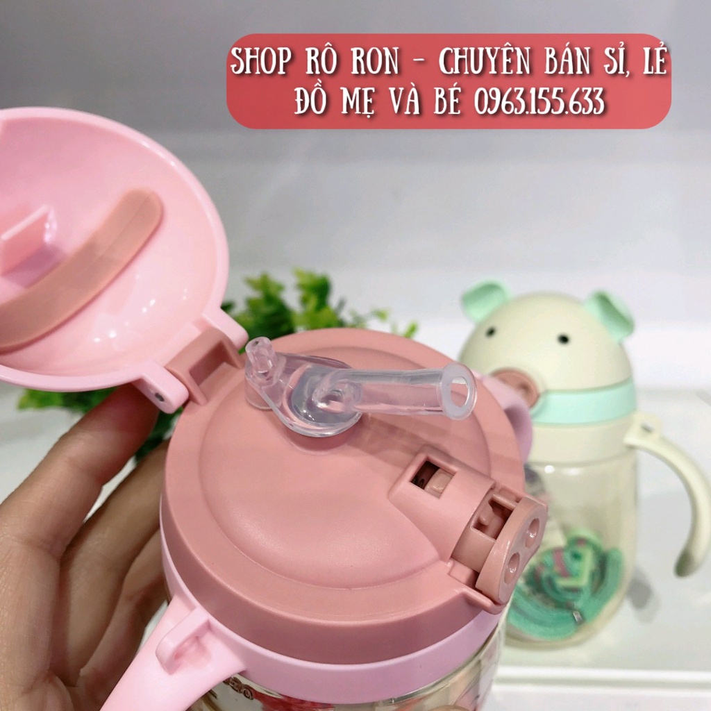 [Tặng kèm dây đeo] Bình nước chống sặc - Bình tập uống cho bé hình Lợn con [415ml] - Shop Rô Ron