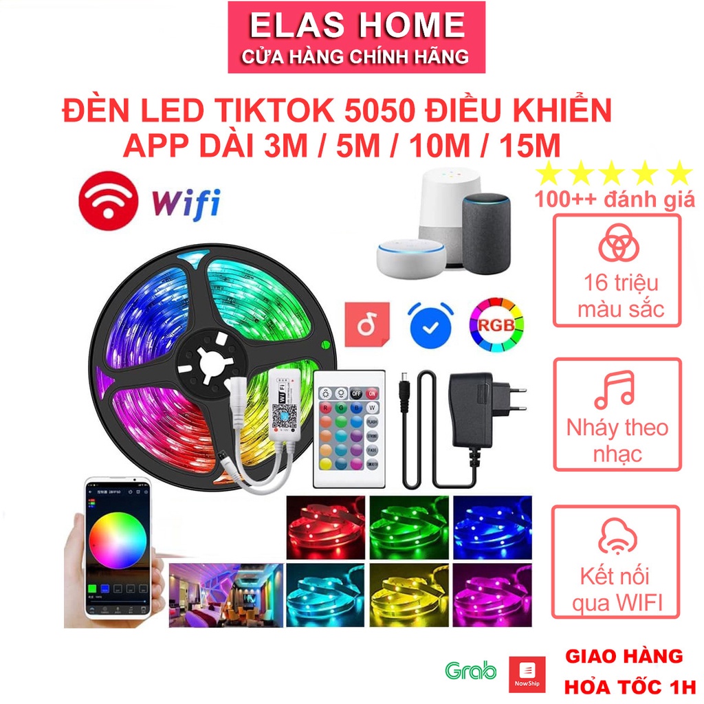 Đèn led tik tok đổi màu RGB 5m 5050 cảm biến nhạc, kết nối Wifi đèn led trang trí, dán tường điều kiển qua app