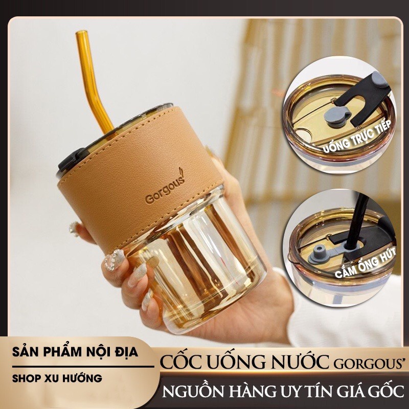 [ Hàng Loại 1 ] Cốc Thủy Tinh Bọc Da Sang Trọng 450ML - TẶNG Kèm Ống Hút Và Nắp Chống Tràn