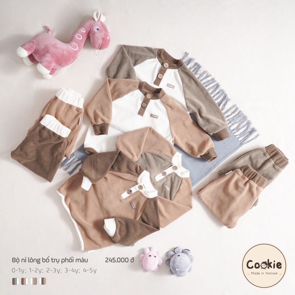 Bộ nỉ lông bổ trụ phối màu cookie dành cho bé trai bé gái thời trang thu đông ấm áp cao cấp