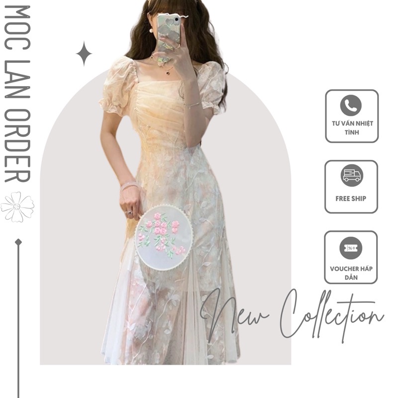 (MộcLan ORDER)Váy ren xòe phối viền bèo điệu đà thắt nơ eo xòe dài vintage Hàn Quốc (NEW_HOT)