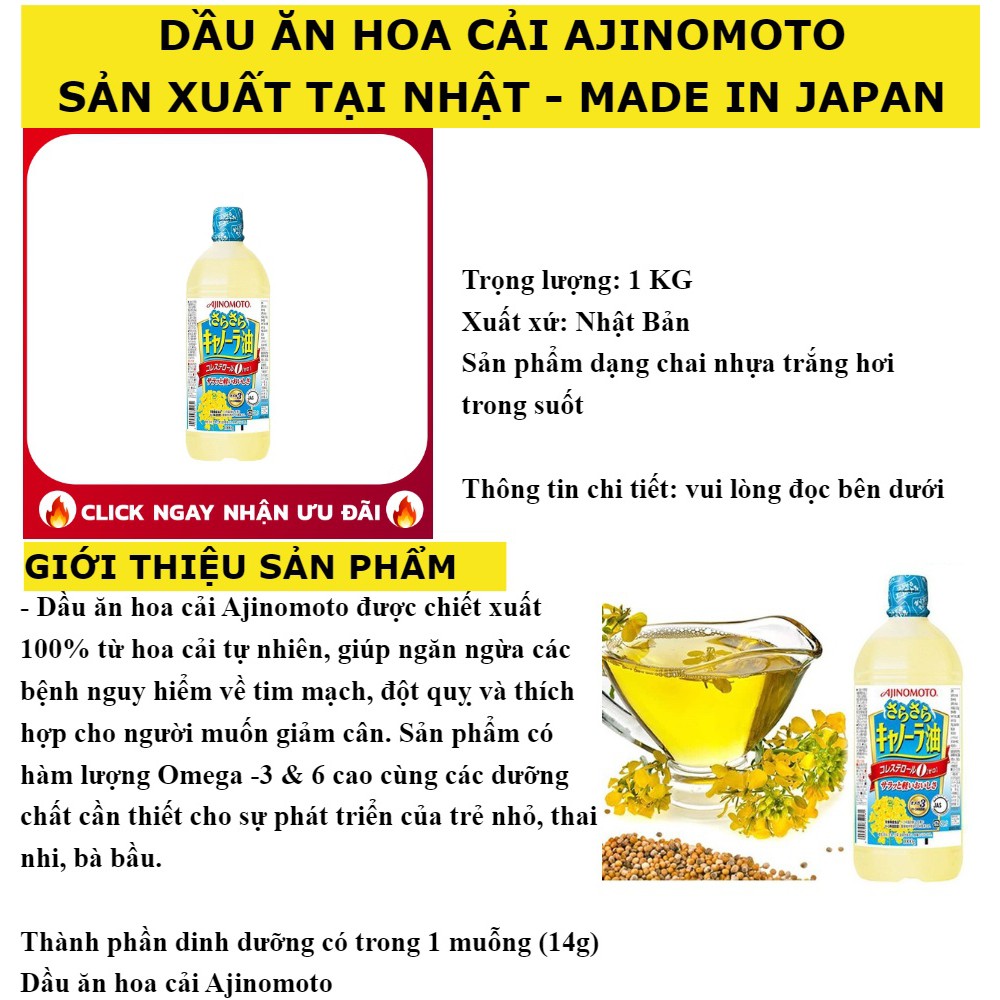 Dầu ăn hoa cải Ajinomoto bổ sung omega3&amp;6 nội địa Nhật chai 1lít (Date T12/2022)