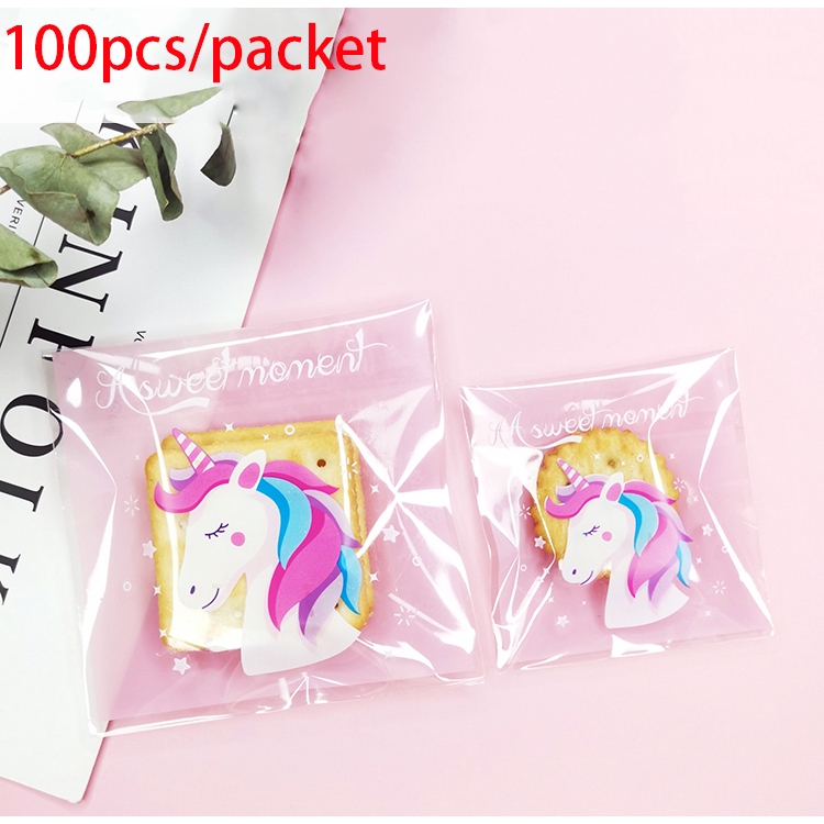 Set 100 túi nhựa đựng bánh kẹo in họa tiết kỳ lân dễ thương tiện dụng