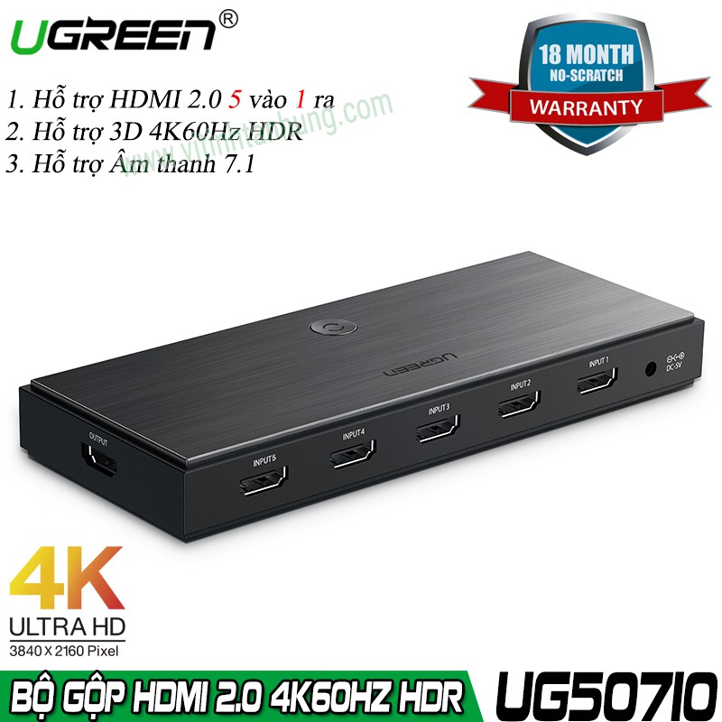 Bộ gộp HDMI 5 ra 1 Ugreen 50710 ( HDMI 2.0 3D 4K60Hz HDR, AUTO cổng,Remoste) CM189 Vỏ nhôm