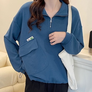 Kii Wii Áo sweater tay dài cổ polo dáng rộng màu trơn phối khóa kéo thời trang