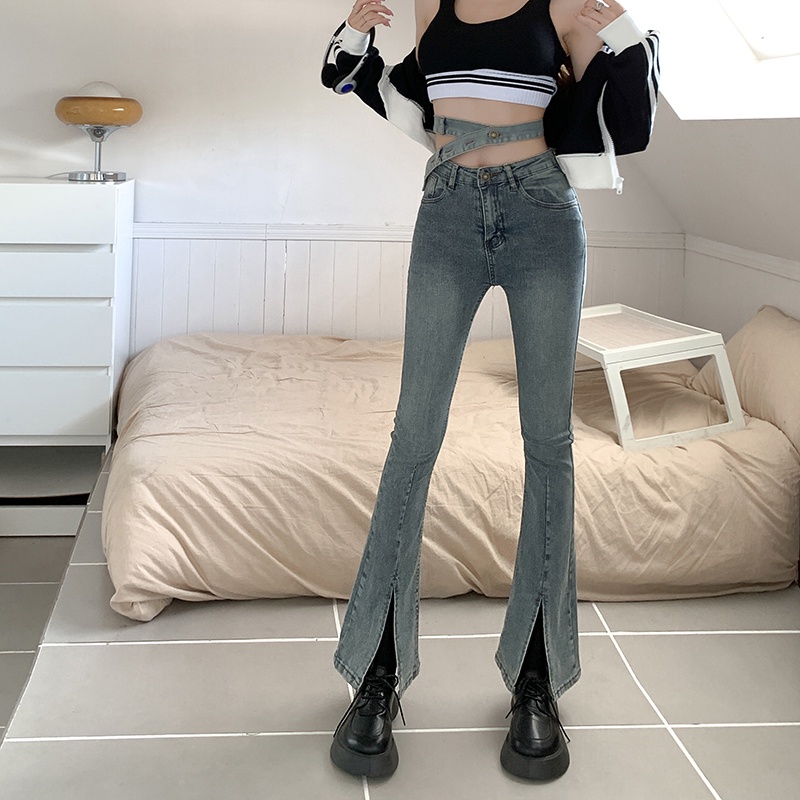 Quần jean ZHELIHANGFEI lưng cao ống loe xẻ tà quyến rũ dễ phối đồ thời trang