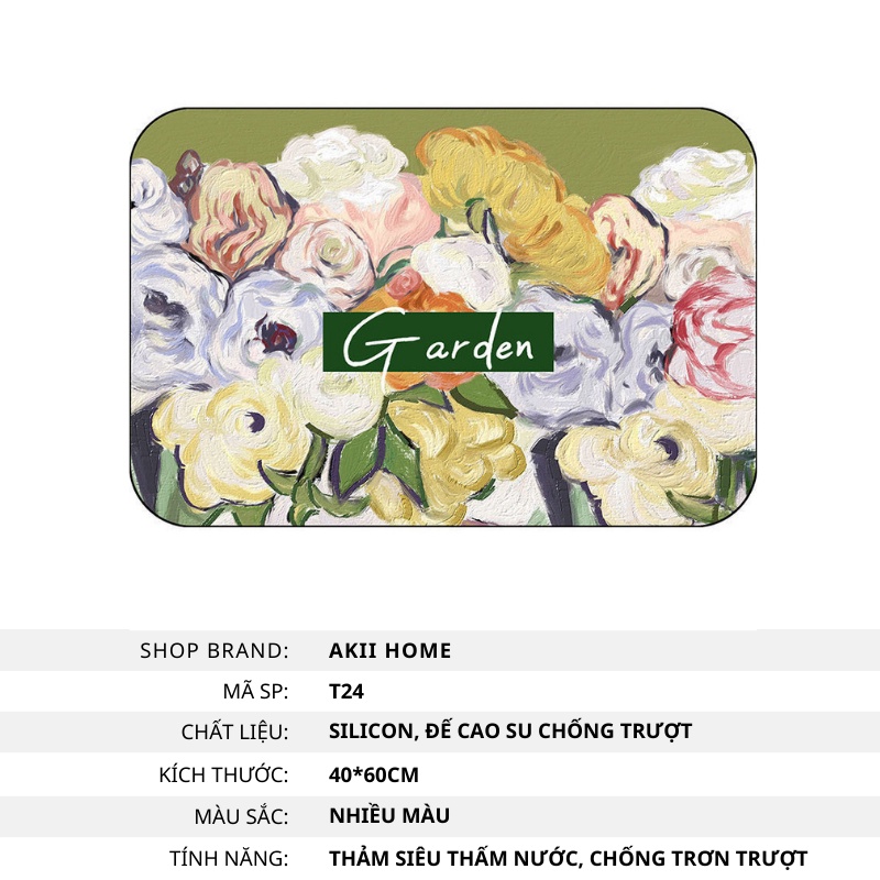 Thảm chùi chân silicon thấm nước, họa tiết Garden sơn dầu, mặt đế cao su chống trơn trượt cao cấp Akii Home T24