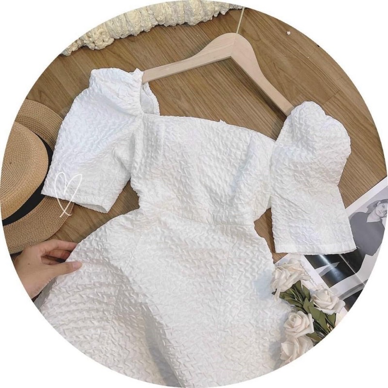 ĐẦM XỐP TRẮNG CỔ VUÔNG TAY PHỒNG