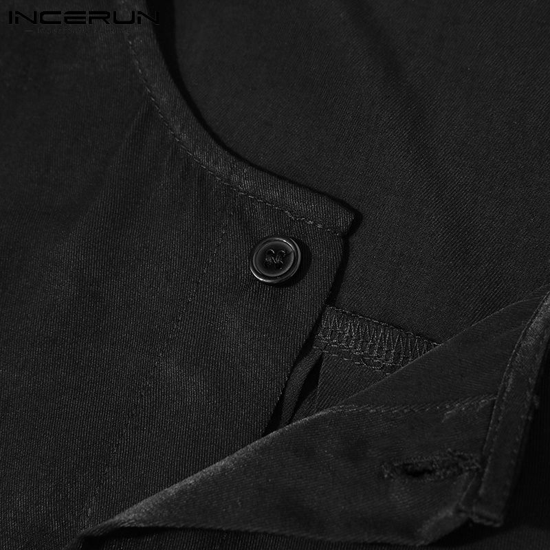 Áo INCERUN dài tay màu trơn có hàng nút mỏng dáng rộng phong cách đơn giản cho nam