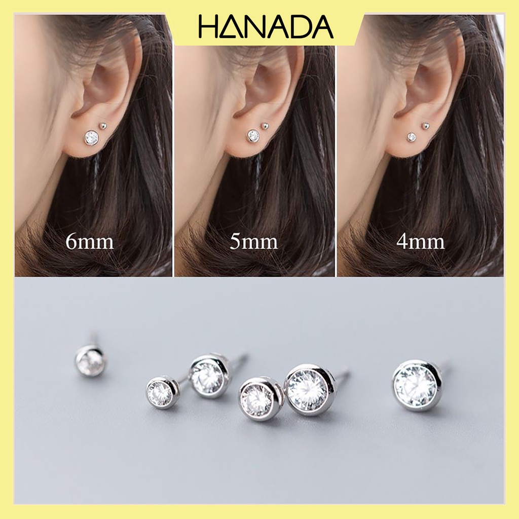 Bông Tai Bạc 925 Hanada Tròn Đá Bông Nụ Tròn Đơn Giản Nhiều Size Nam Nữ 0404