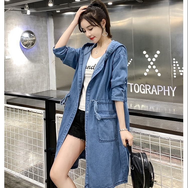Áo Khoác denim Chống Gió Có Mũ Trùm Thời Trang Xuân Thu 2022 plus size Cho Nữ 200