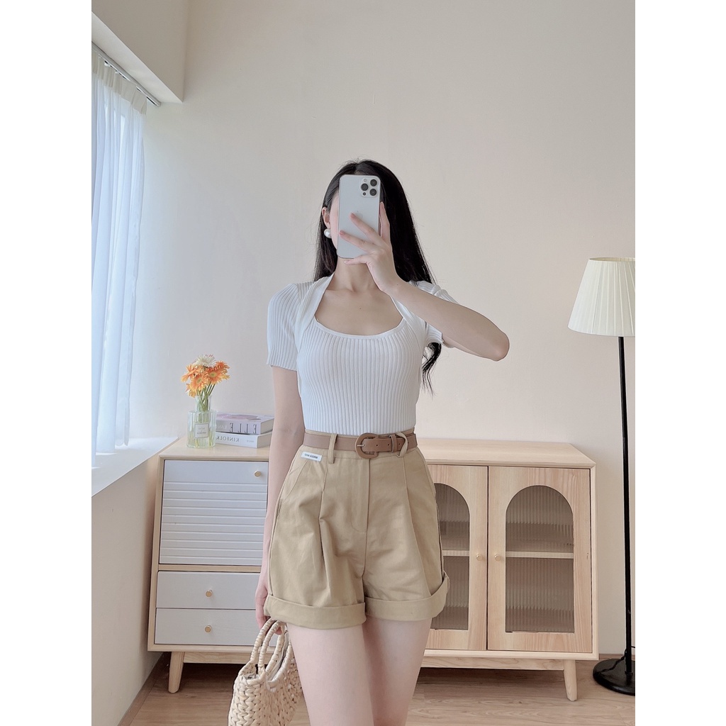 Áo len tăm kiểu trễ cổ thiết kế trẻ trung co dãn mix Quần sooc Quần baggy Eva Lover