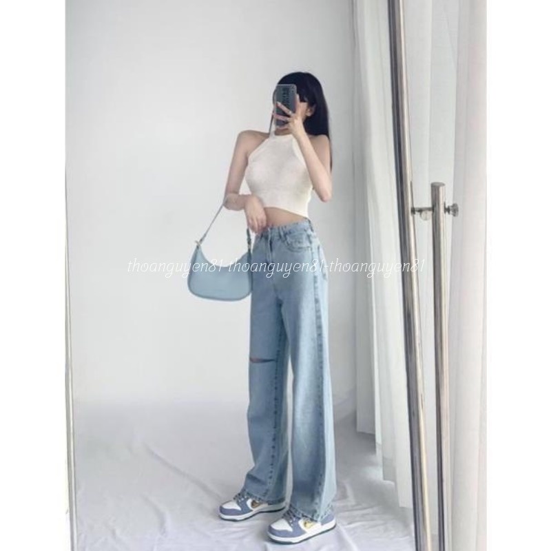 Quần jeans ống rộng vải bò suông nữ màu nhạt phong cách Hàn Quốc ulzzang 2022