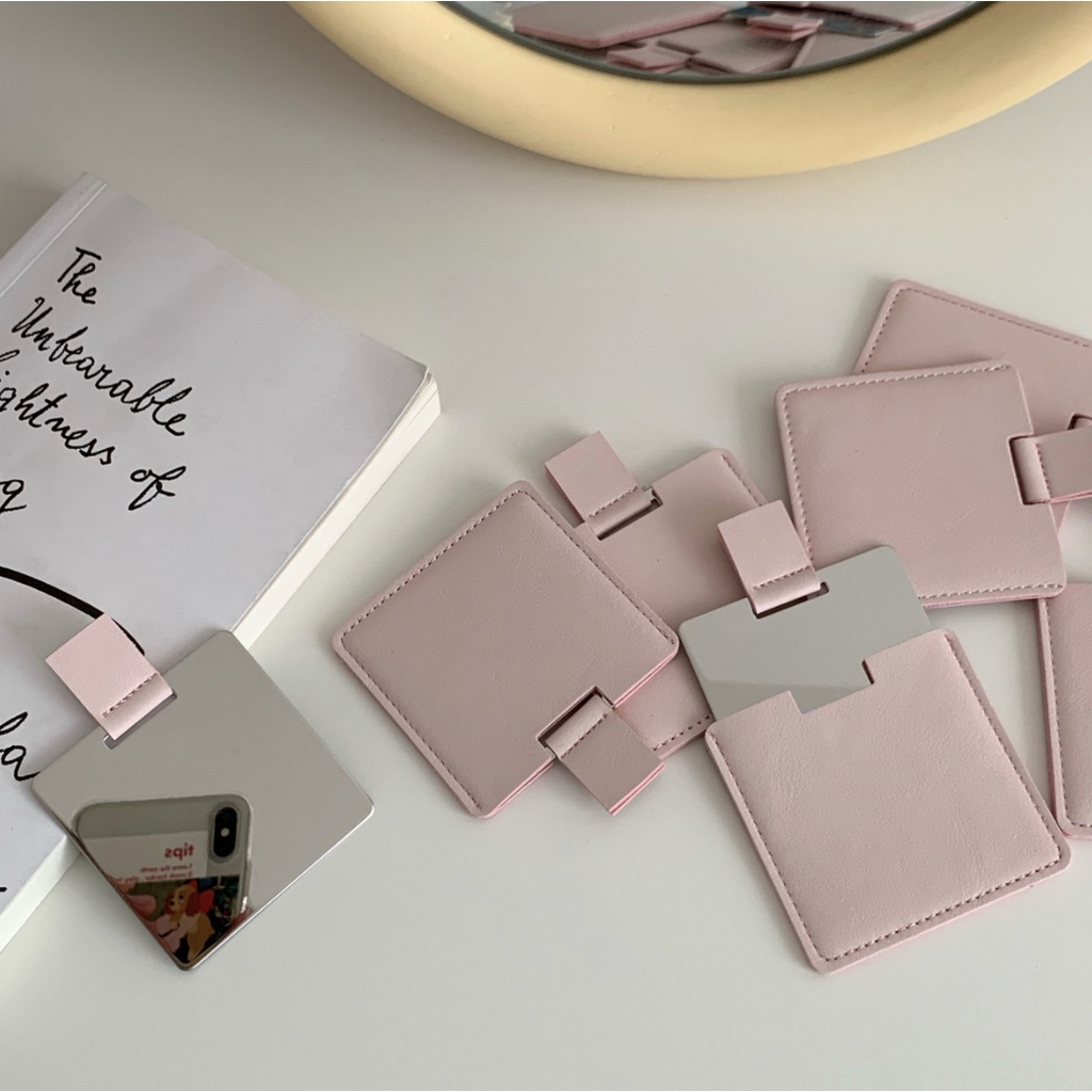 GƯƠNG BỎ TÚI KÈM BAO DA HỒNG PASTEL CHỐNG TRÀY XƯỚC - PHONG CÁCH HÀN QUỐC ĐƠN GIẢN