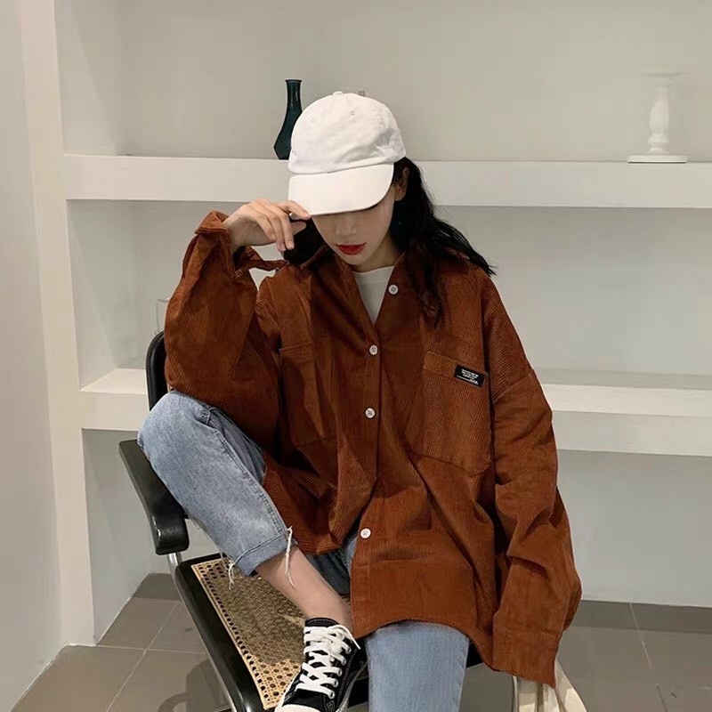 Áo Sơ Mi Nhung Tăm Thêu Logo Ulzzang - Áo Khoác Form Rộng Unisex phong cách Hàn