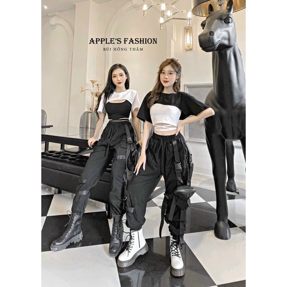 Set áo croptop phối áo hai dây cột eo cá tính