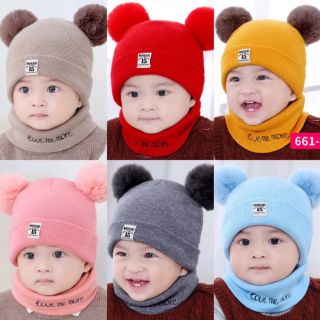 Combo 10 Mũ len cho bé kèm khăn quấn cổ cho và 2 quả bông ngộ nghĩnh