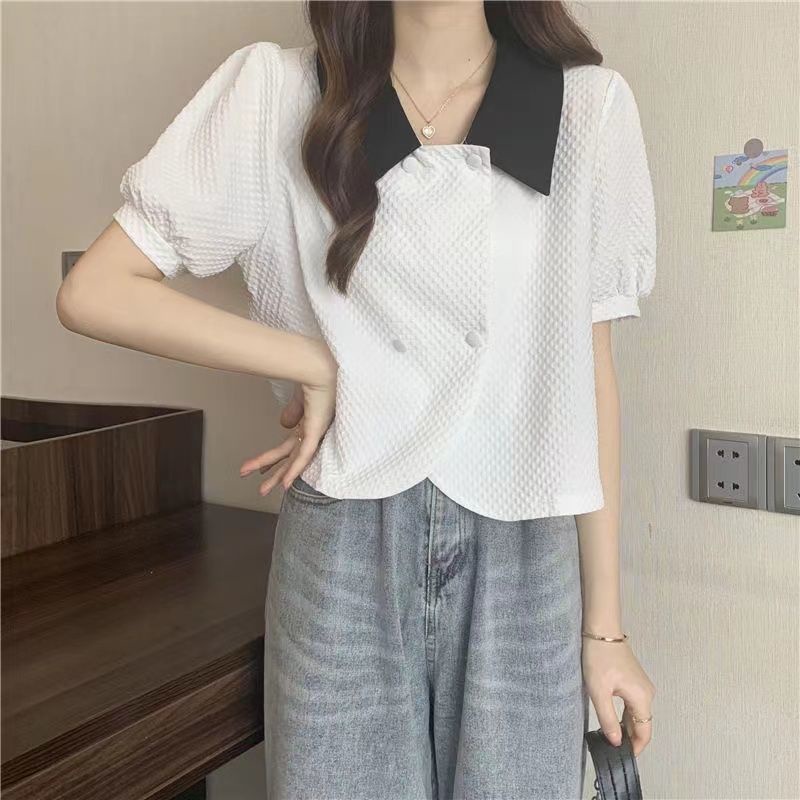 Áo Sơ Mi Tay Ngắn Màu Sắc Tương Phản Phong Cách Hàn Quốc