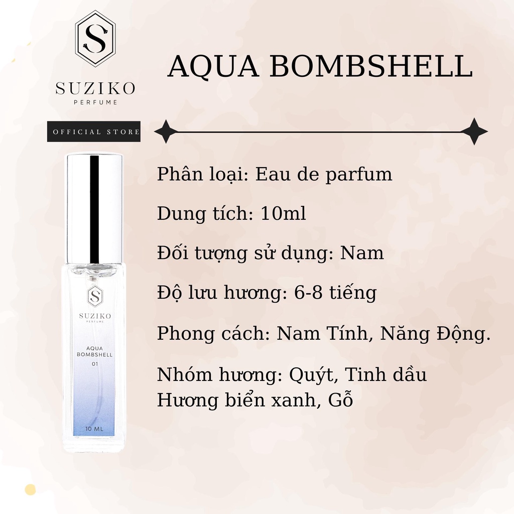 Nước hoa nam Suziko Aqua bombshell phong độ, mạnh mẽ. Nước hoa mini 3ml dạng xịt tiện lợi