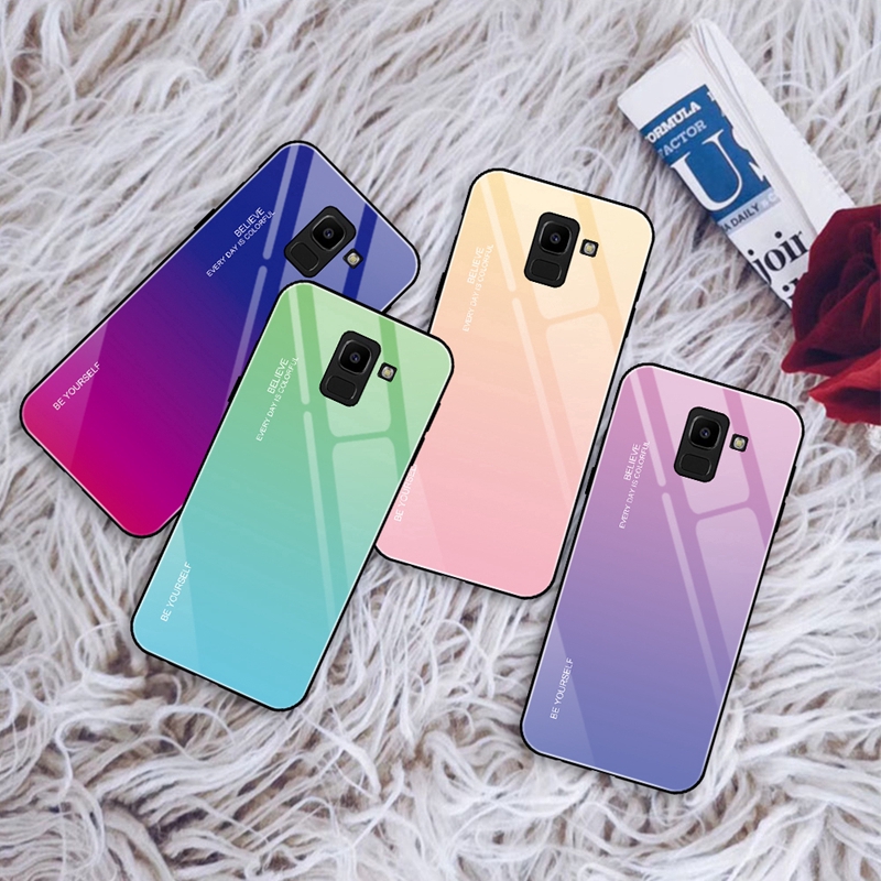 Ốp lưng mặt kính viền mềm thiết kế màu gradient dành cho Samsung Note 8 9 J8 J4 J6 Plus 2018