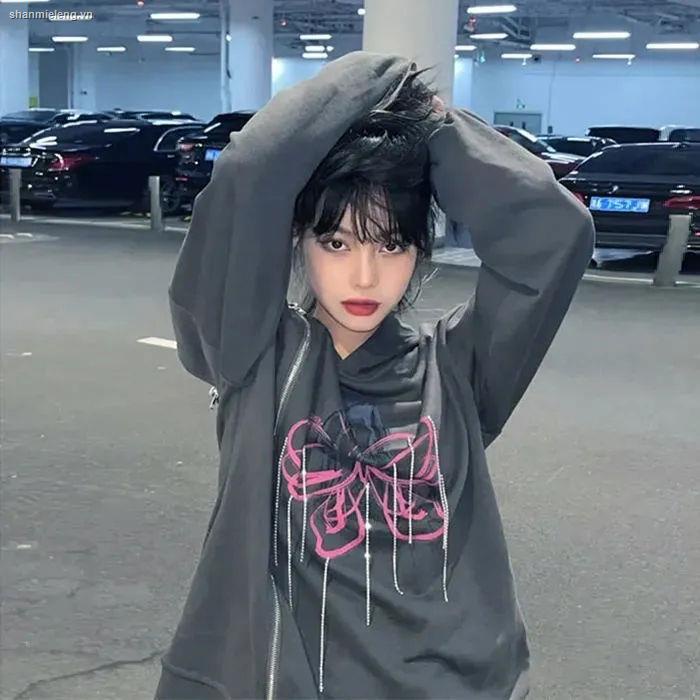 Áo hoodie dáng rộng phối khóa kéo đính đá thời trang xuân thu dành cho nữ