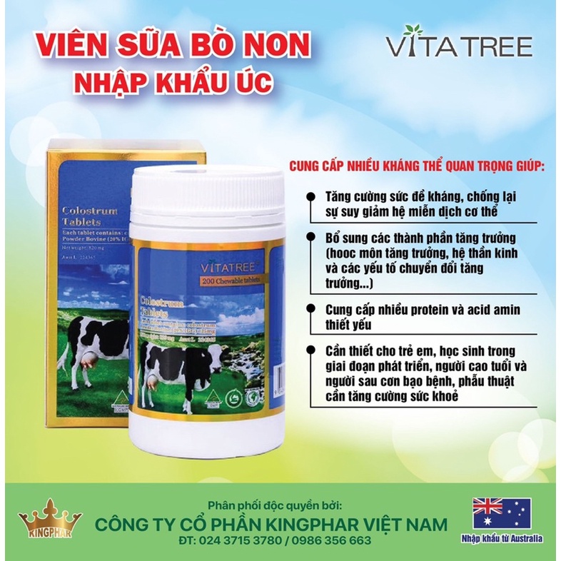 Viên nhai sữa non Vitatree Colostrum Tablets, hộp 200v, nhập khẩu Úc, Giúp tăng cường sức đề kháng