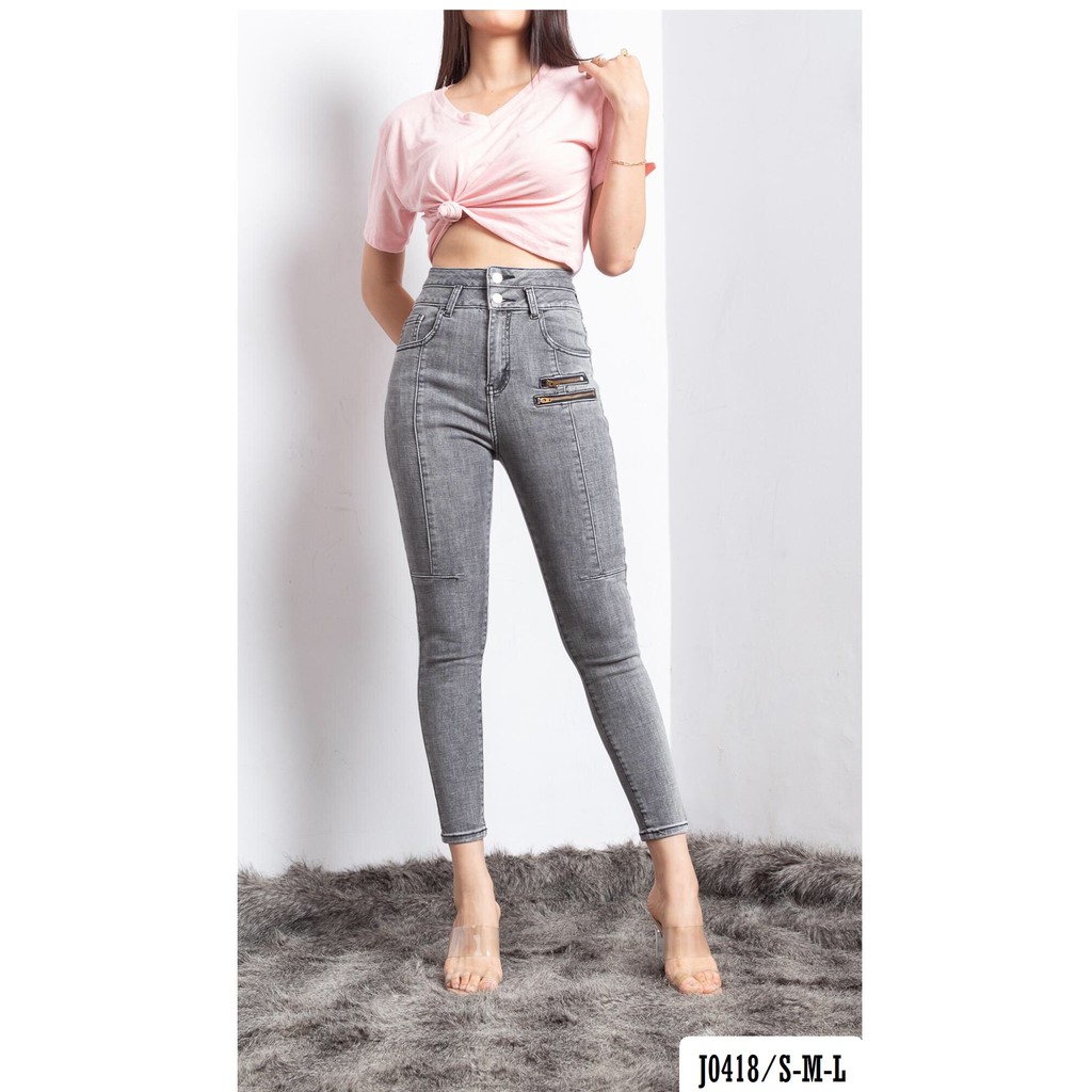 Quần Jean Skinny Nữ Ôm 2 Nút Cạp Cao Phối Dây Kéo Dưới Túi Cá Tính Và Tôn Dáng J0418