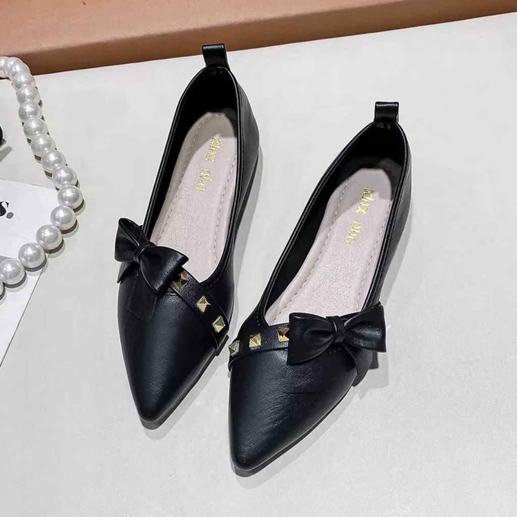 Ảnh thật Giày búp bê nữ da mềm êm chân nơ chéo đinh tán sang chảnh