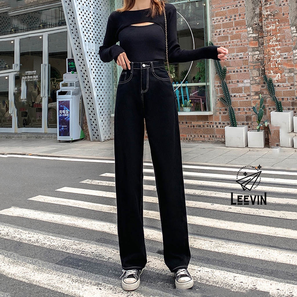 Quần Jean Đen Chỉ Trắng Ống Rộng Nữ Lưng Cao Phong Cách Ulzzang - Kiểu quần bò nữ jeans cạp cao form Leevin Store