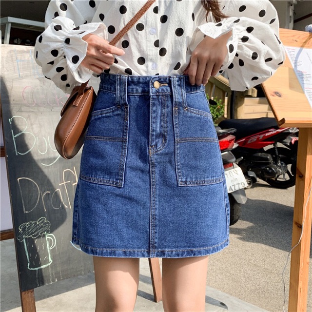 Chân váy jean chữ A dáng ngắn cạp cao có quần lót trong trẻ trung năng động chất liệu jean cao cấp V1 V19 Jeanelle Store