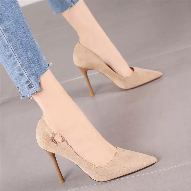 Giày cao gót nữ mũi nhọn bằng da lộn màu đen thời trang mùa thu