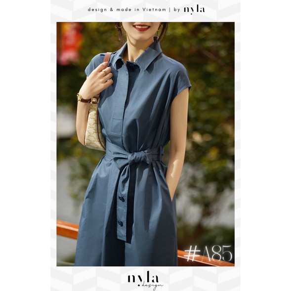 Đầm suông cộc tay cổ sơ mi eo dây thắt thiết kế A85 BY NYLA