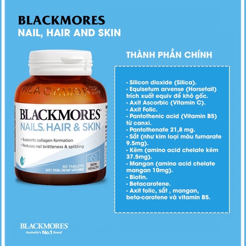 Viên uống đẹp da, móng, tóc - Blackmores Nails, Hair &amp; Skin lọ 60 viên