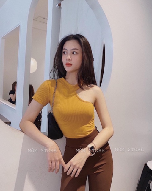 Áo Thun Gân Croptop Vintage Lệch Vai Xịn Xò [ ẢNH THẬT ] MÓM STORE