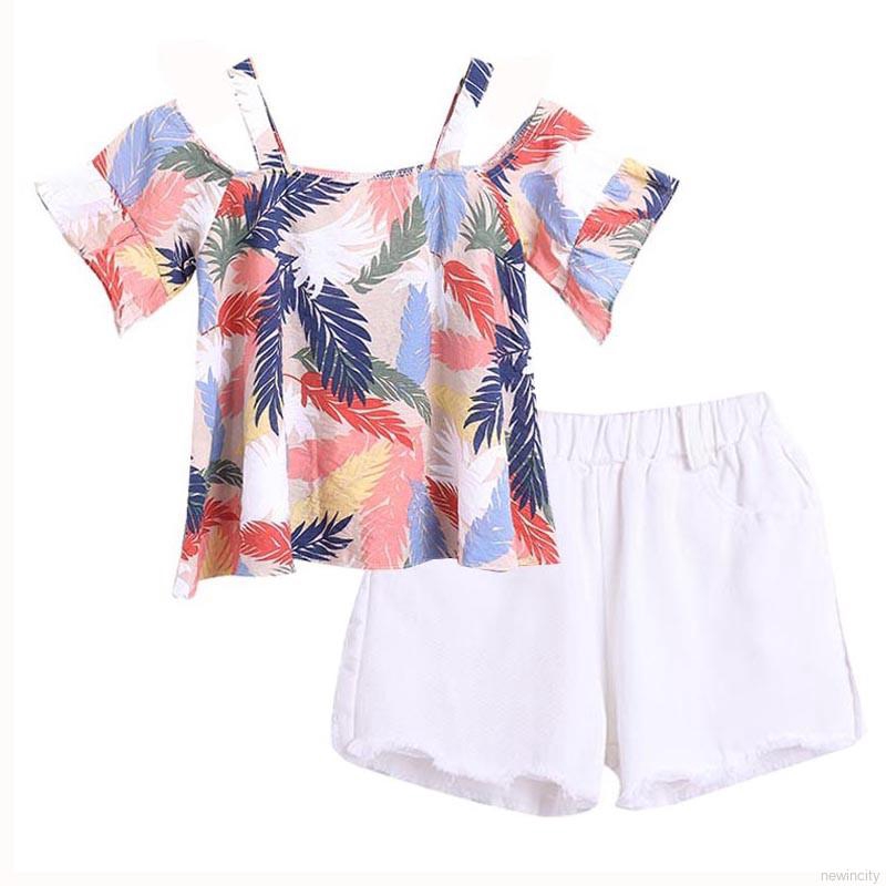 Set áo trễ vai hoạ tiết hoa + quần sọt cho bé gái