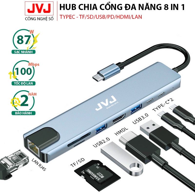 Hub type C USB C6 JVJ 6 trong 1 đa năng cổng chuyển đổi chia cổng USB 3.0, SD, TF, 4K,HDMI - Hub C4T - C4U | BH 2 Năm