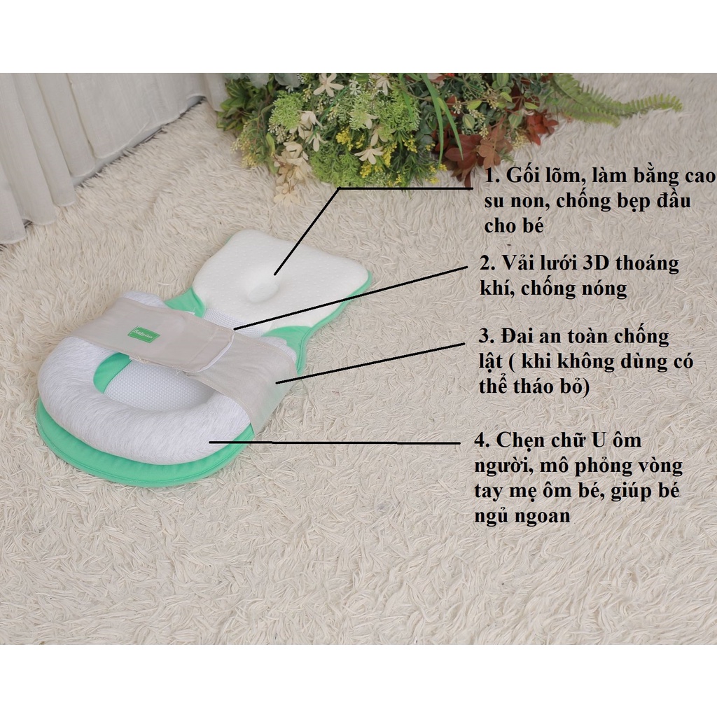Combo 3 in 1:Gối chống trào ngược 15 độ, đệm ngủ đúng tư thế & Gối chống bẹp đầu cao su non cho bé Babylux