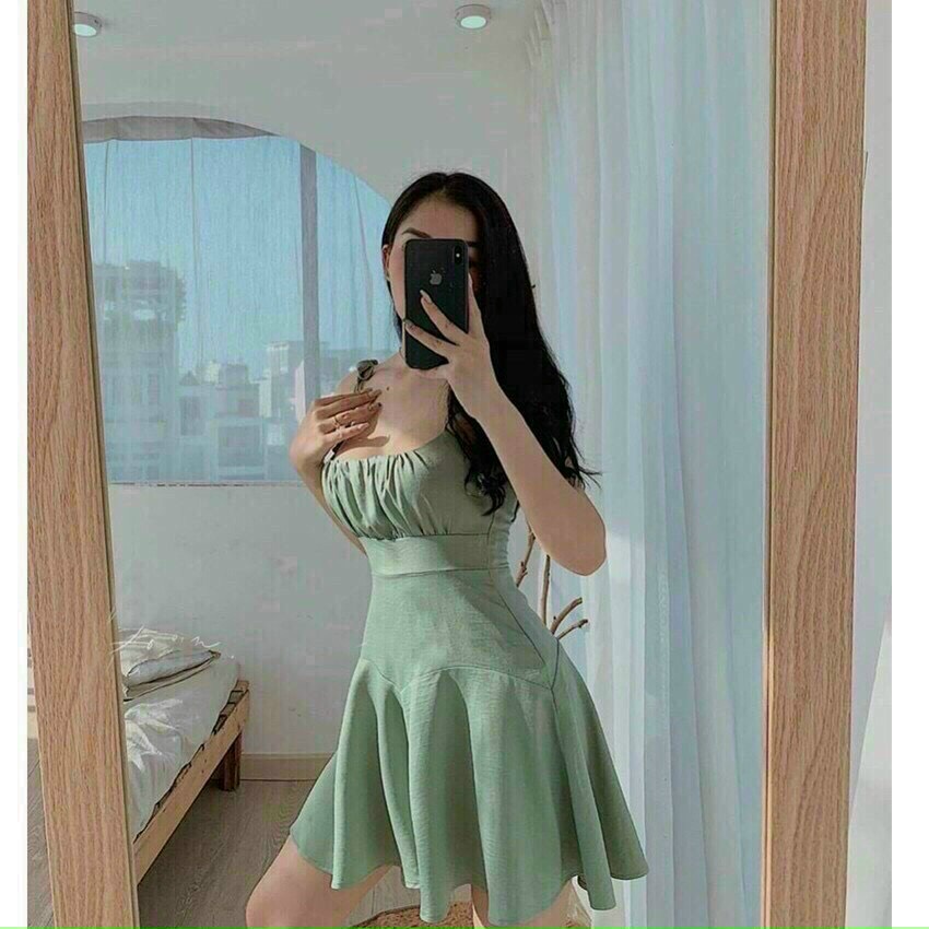 [HOT] 👗Đầm Nữ Xòe Hai Dây Xếp Ly (Mút Ngực) Đa Dạng Màu Sắc (Xanh, Nâu, Vàng) | BigBuy360 - bigbuy360.vn