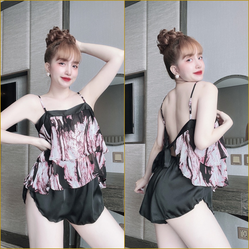 Bộ ngủ lụa 2 dây sexy TUTA ngực phối ren quần đùi lụa satin gợi cảm thoáng mát - dn030