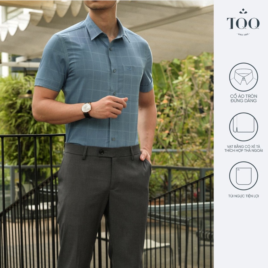 Áo sơ mi nam ngắn tay TQQ dáng Slimfit công sở K460CB vạt bằng có túi ngực chất liệu Viscose không nhăn co dãn nhẹ