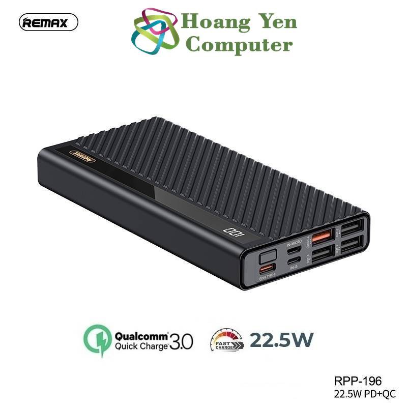 Sạc Dự Phòng Remax RPP-196 20000Mah (Sạc Nhanh QC3.0 18W, 22.5W, PD 18W, VOOC 2.0) - BH 1 Năm - Hoàng Yến Computer