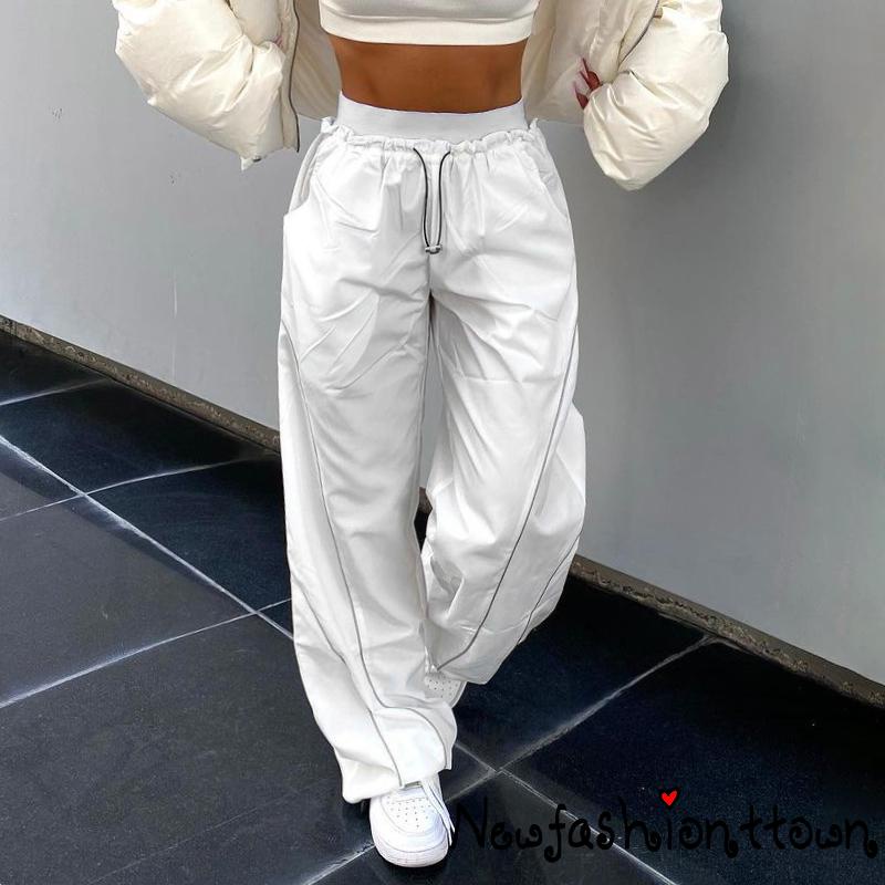 Nfashion-y2k Quần Baggy Joggers Lưng Cao Co Giãn Ghép Vải Sọc Tương Phản Phong Cách Hippie Đường Phố Cho Nữ