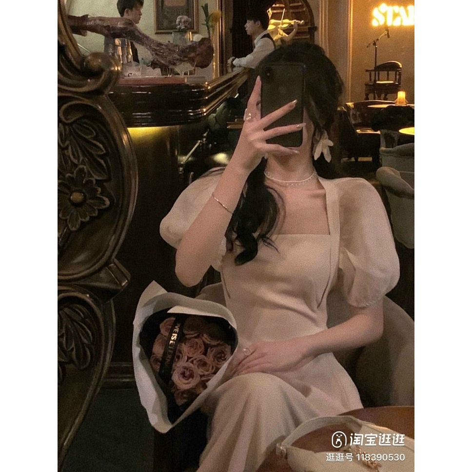 Đầm dự tiệc váy trắng nữ thiết kế cổ vuông tay phồng lịch sự nhẹ nhàng sang trọng Kawaii Mise