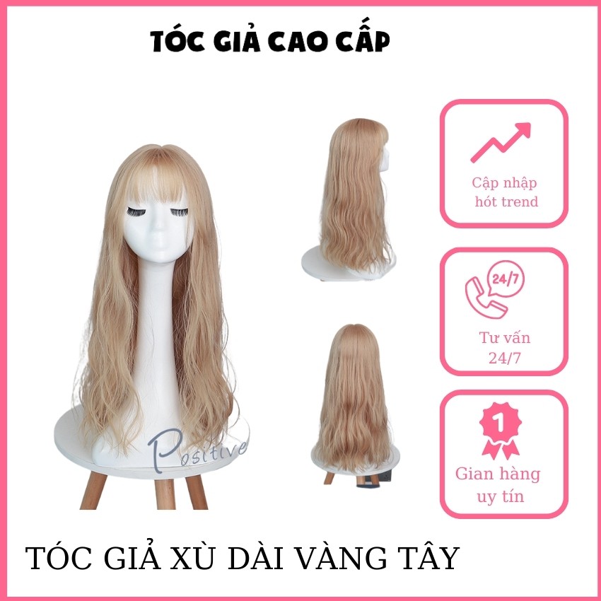 Tóc giả xù dài màu vàng tây, tặng kèm lưới trùm, mã d8174