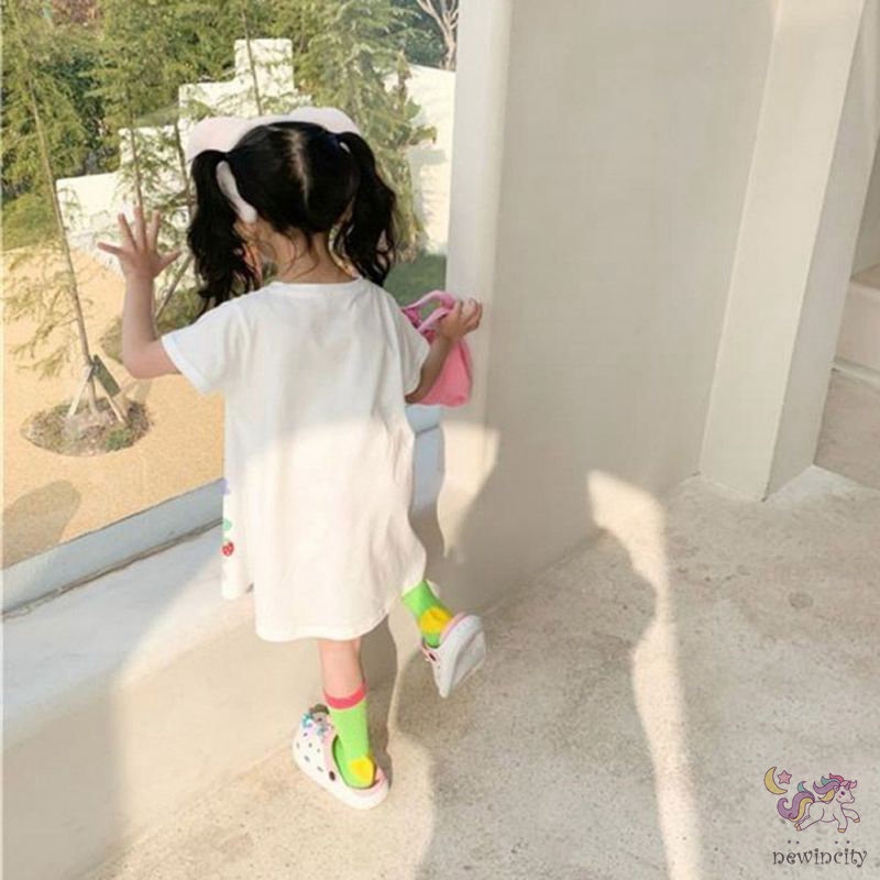 Đầm Cotton Tay Ngắn In Họa Tiết Hoạt Hình Phong Cách Hàn Quốc Thời Trang Mùa Hè Cho Bé Gái