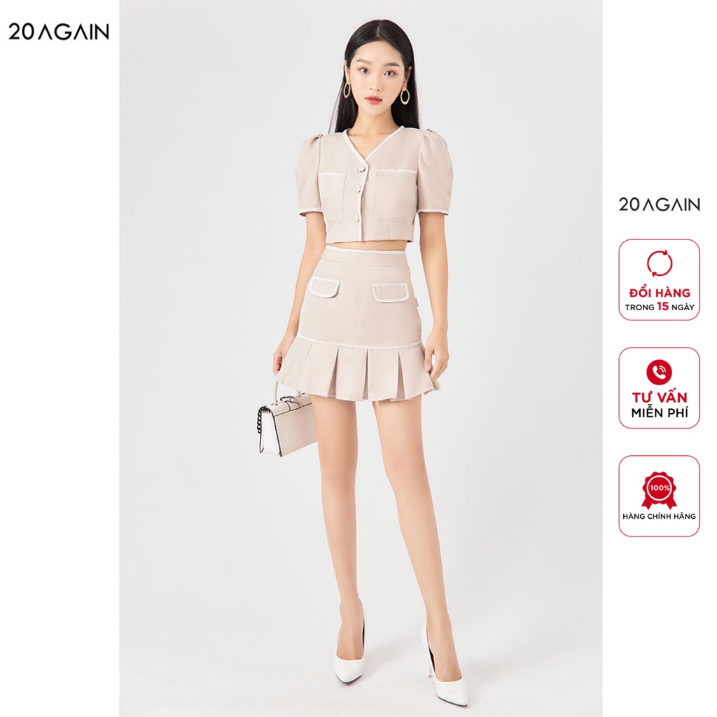 Áo sơ mi nữ ngắn tay 20AGAIN, dây viền chất liệu tuýt si cao cấp ABW1100